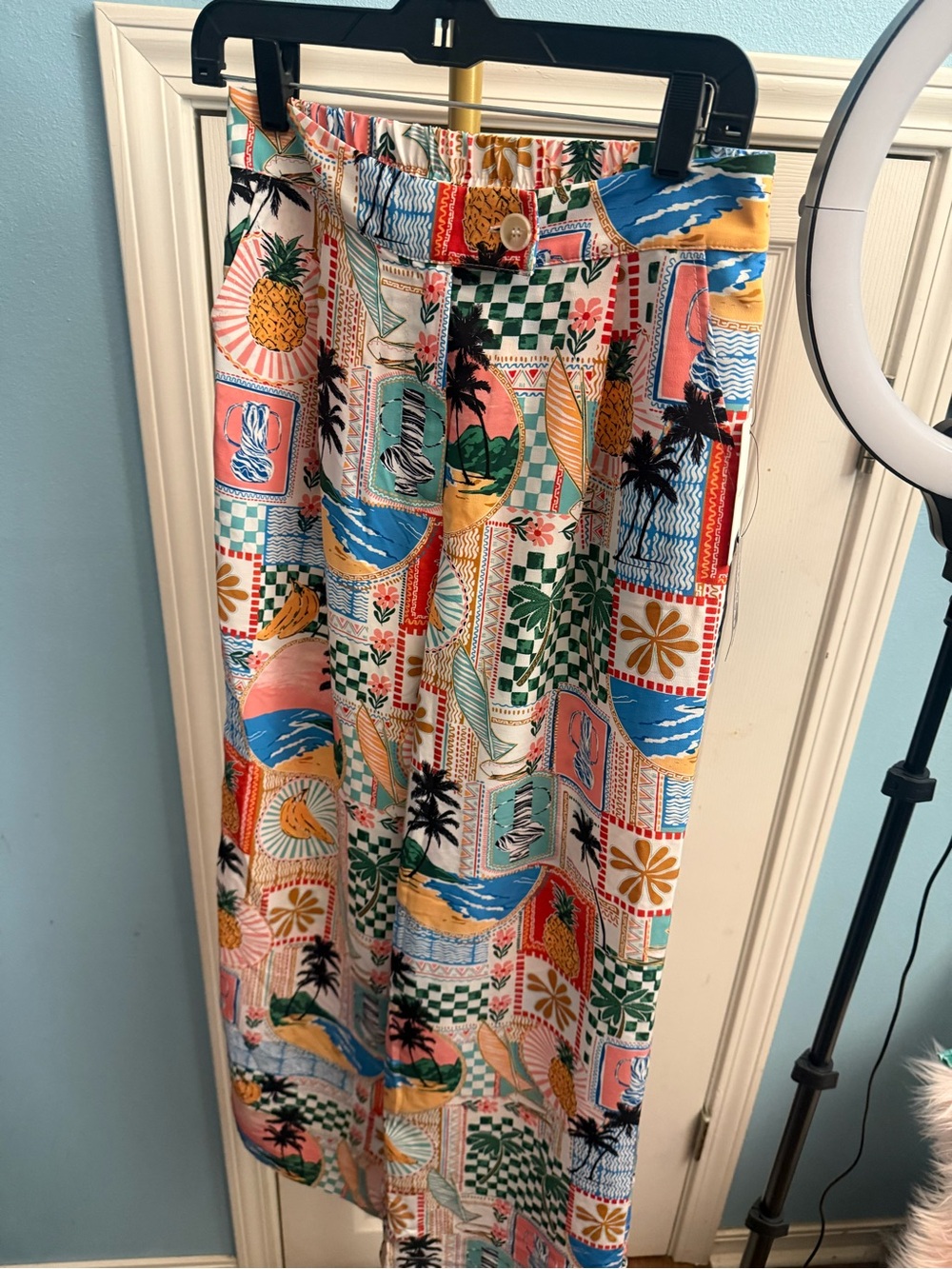 Skies Are Blue Tropical Patchwork Pants — Coral, Teal, Yellow, Green